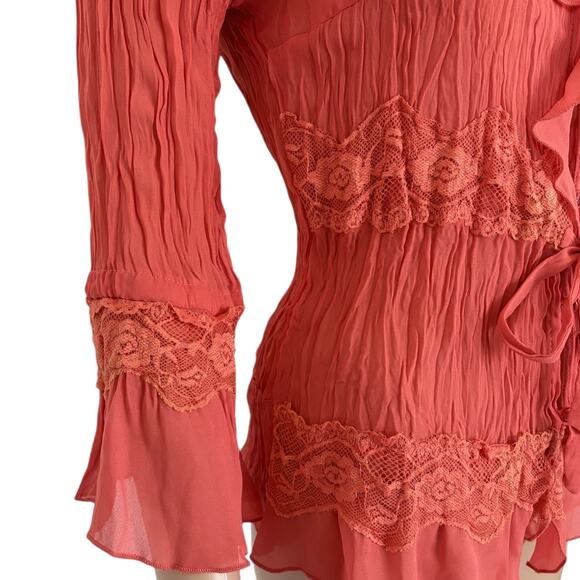 Y2K Coquette Soft Girl Romantic Lace Ruffle Tie Front Blouse Coral Top M Orange - Picture 3 of 8